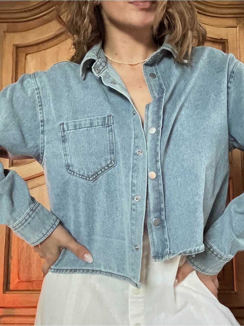 Light Blue Denim Button-Front Women's Shirt Jacket